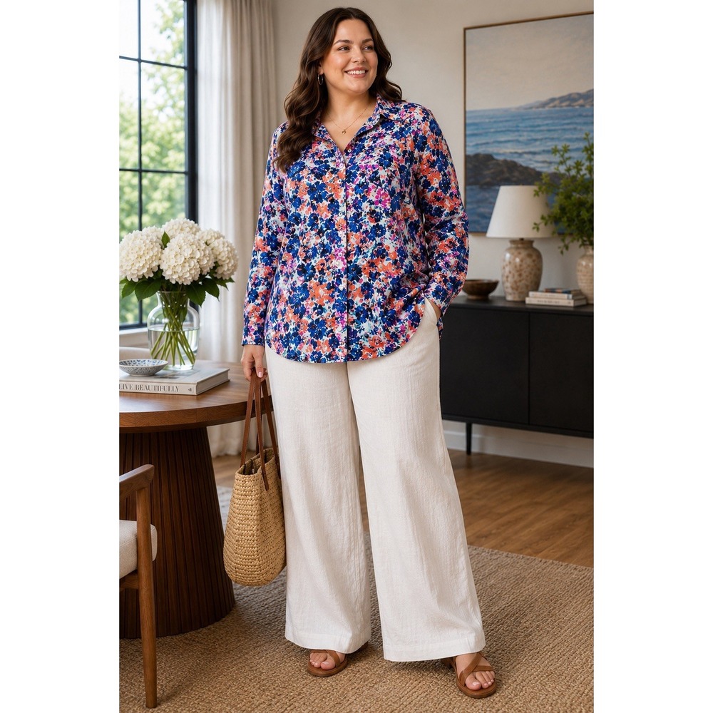 Roaman's 26W Floral Button Front Blouse Cotton Blue Pink Orange Plus Top RR05